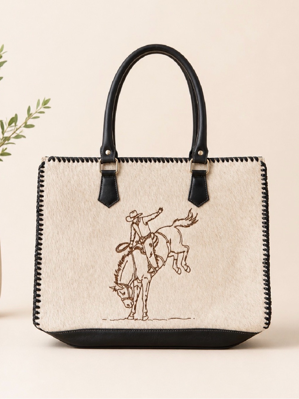 Black & Cream Rodeo Embroidered Tote Bag cowhide leather